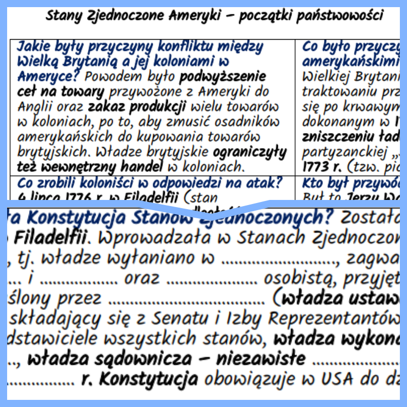 Stany Zjednoczone Ameryki – początki państwowości. Notatki i karta pracy