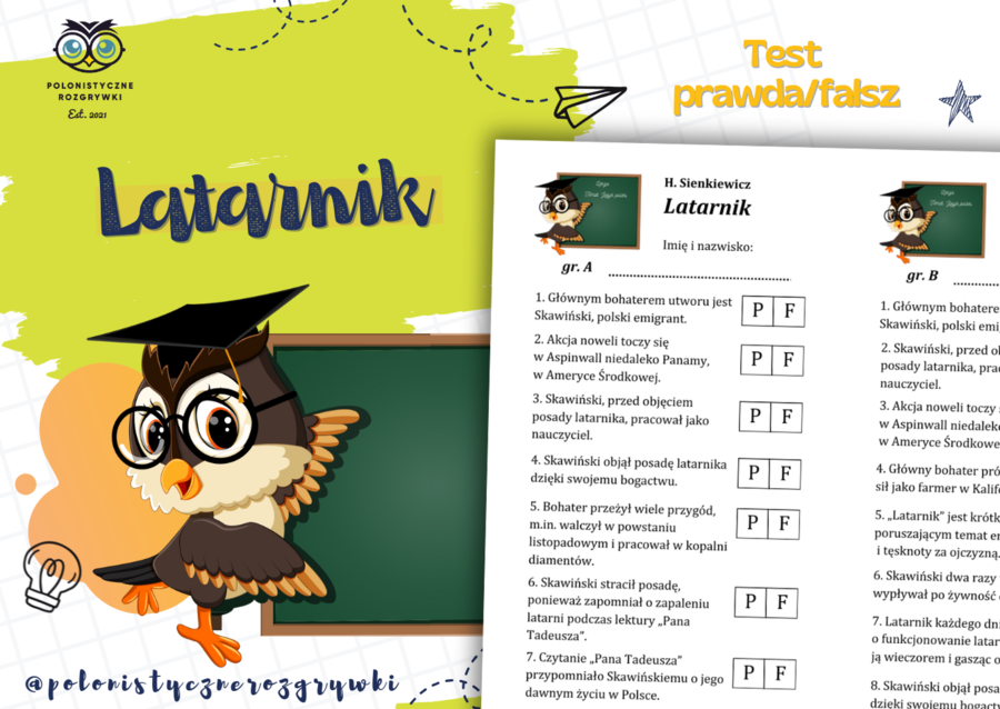 Latarnik. Test prawda/fałsz. Kartkówka z treści lektury. Lektura obowiązkowa