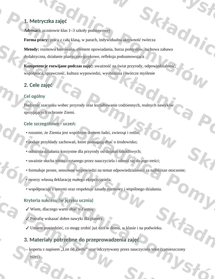 DZIEŃ ZIEMI – scenariusz zajęć - klasy 1-3; edytowalny; pomysł na zajęcia; konspekt