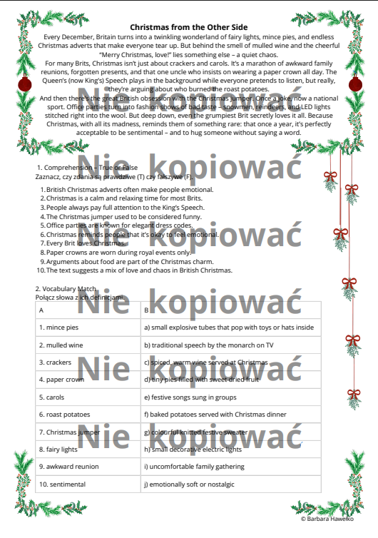 Karta pracy + czytanka "Christmas from the Other Side" B2+