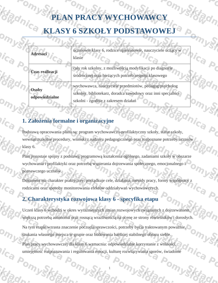 ROCZNY PLAN PRACY WYCHOWAWCY - klasa 6 (DOCX, edytowalny); plan pracy wychowawczej; godziny wychowawcze