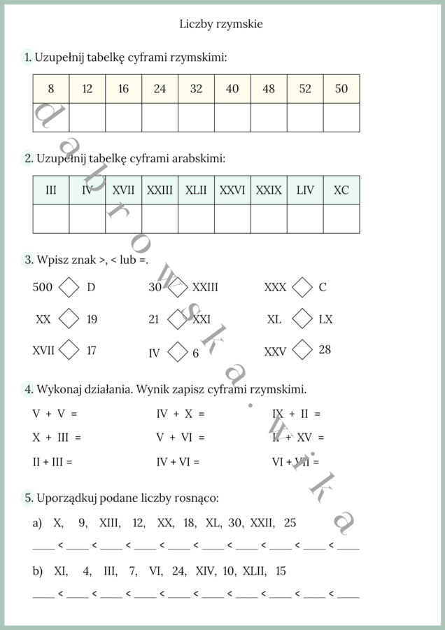Liczby rzymskie - karta pracy