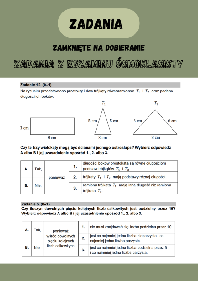 Zadania zamknięte Tak/Nie. Zadania na dobieranie. Zadania z egzaminu ósmoklasisty CKE z matematyki.