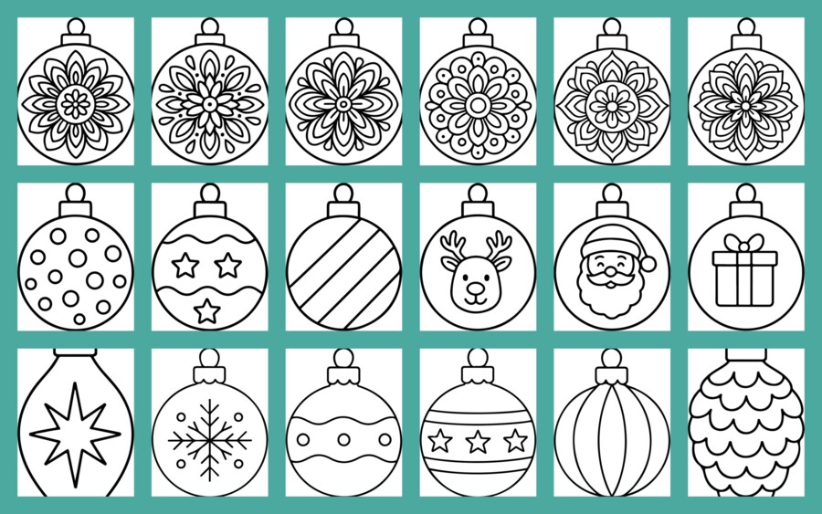 Świąteczne Kolorowanki – 18 Bombek do Druku (PDF + JPG, A4)