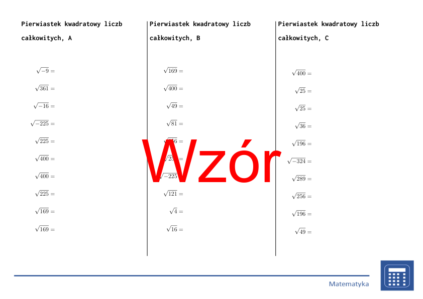 Pierwiastek kwadratowy liczb całkowitych | matematyka | 26 kolumn