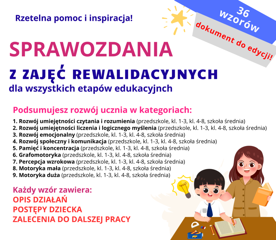 Sprawozdanie z zajęć rewalidacyjnych, 36 wzorów na każdy etap, podsumowanie rewalidacji, ocena ucznia