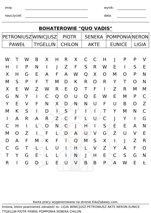 Bohaterowie Quo vadis - wykreślanka, kształcenie specjalne