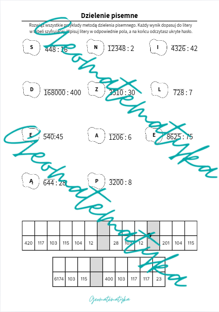 Dzielenie pisemne - kodowana karta pracy