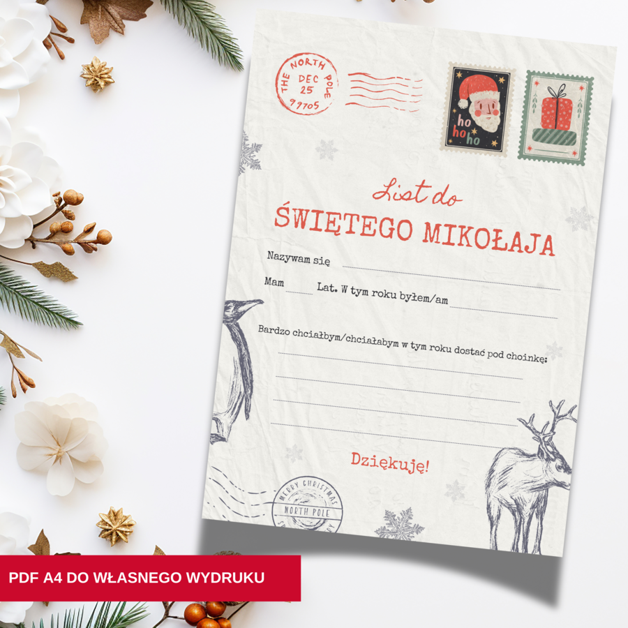 List do Świętego Mikołaja A4 do Własnego Wydruku