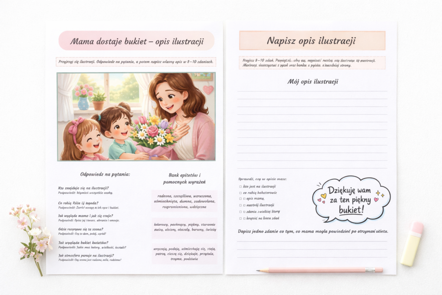 Mama dostaje bukiet - opis ilustracji [Karta pracy]