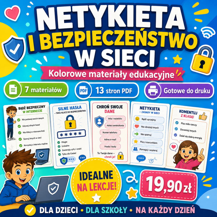 Netykieta i bezpieczeństwo w internecie – kolorowe materiały edukacyjne dla dzieci
