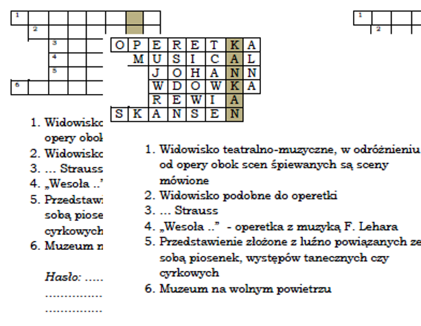 Podsumowanie lekcji muzyki w klasie 6 "Muzyczne widowiska" - logogryf