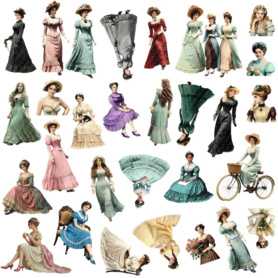 Zestaw obrazów wiktoriańskich kobiet SVG, PDF, PNG, EPS JPG.