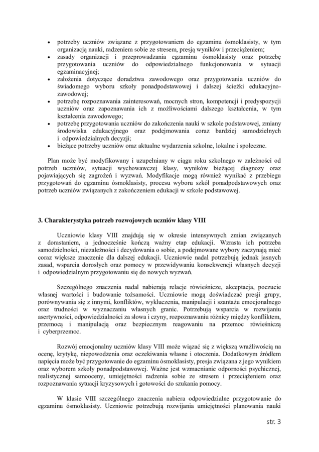 PLAN PRACY WYCHOWAWCZEJ dla klasy VIII na rok szkolny 2026/2027