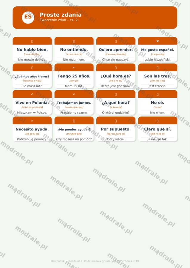 FISZKI "JĘZYK HISZPAŃSKI – ROZDZIAŁ 2: PODSTAWOWA GRAMATYKA" KARTA PRACY