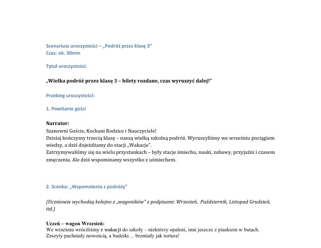 Scenariusz na uroczystość zakończenia roku szkolnego dla klasy 3/ Zakończenie roku szkolnego