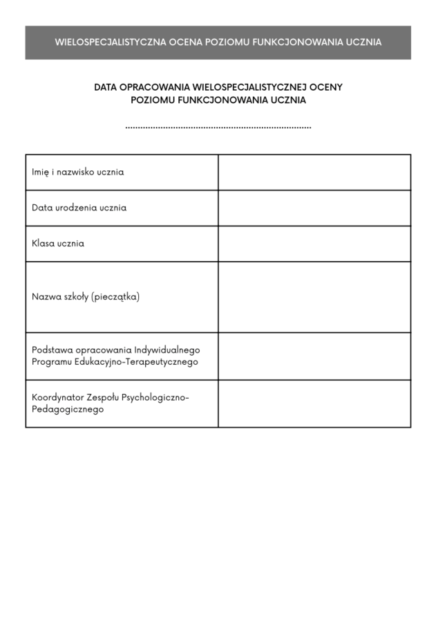 WOPFU – Wielospecjalistyczna Ocena Poziomu Funkcjonowania Ucznia | Szablon do Edycji
