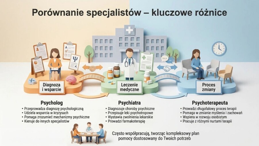 Zdrowie psychiczne. Psycholog, psychoterapeuta, psychiatra – czym się różnią? (gazetka szkolna / prezentacja)