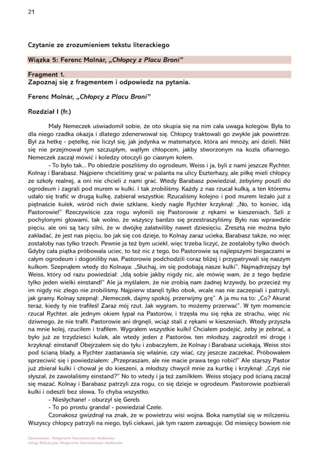 Karta pracy "Chłopcy z Placu Broni" - krytyczne czytanie