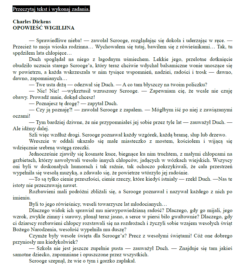 Egzamin ósmoklasisty – Arkusz z języka polskiego „Opowieść wigilijna” | Pełny test z kluczem odpowiedzi