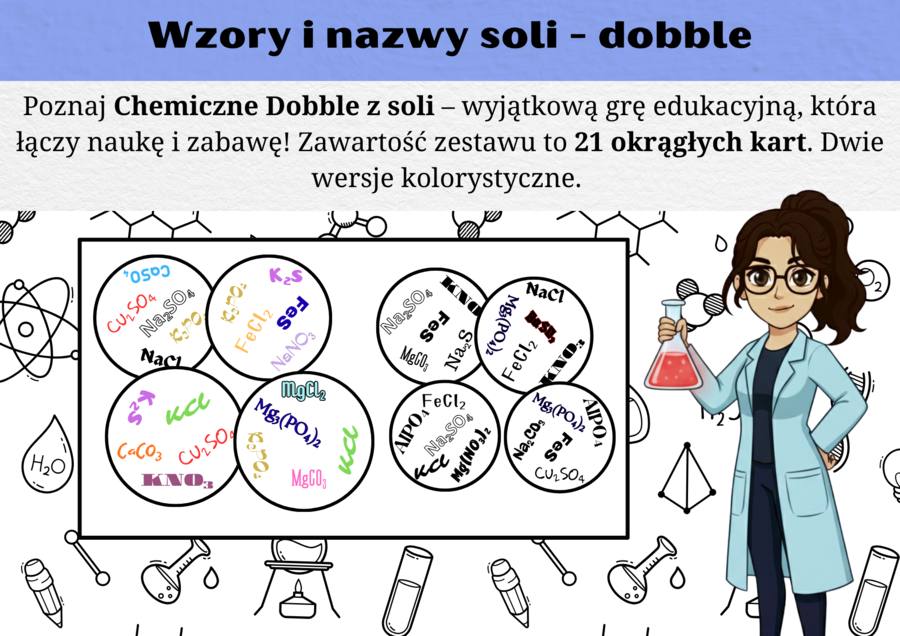 Chemiczne dobble - wzory i nazwy soli - klasa 8 chemia (dział sole)