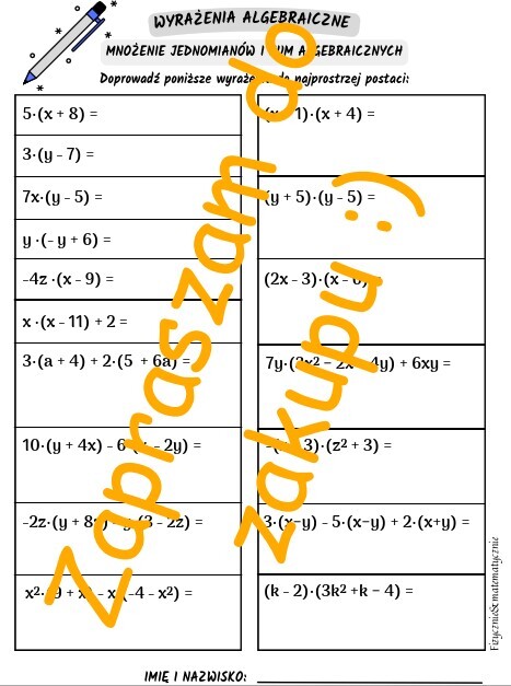 Wyrażenia algebraiczne - mnożenie jednomianów i sum algebraicznych. Karta pracy lub kartkówka.