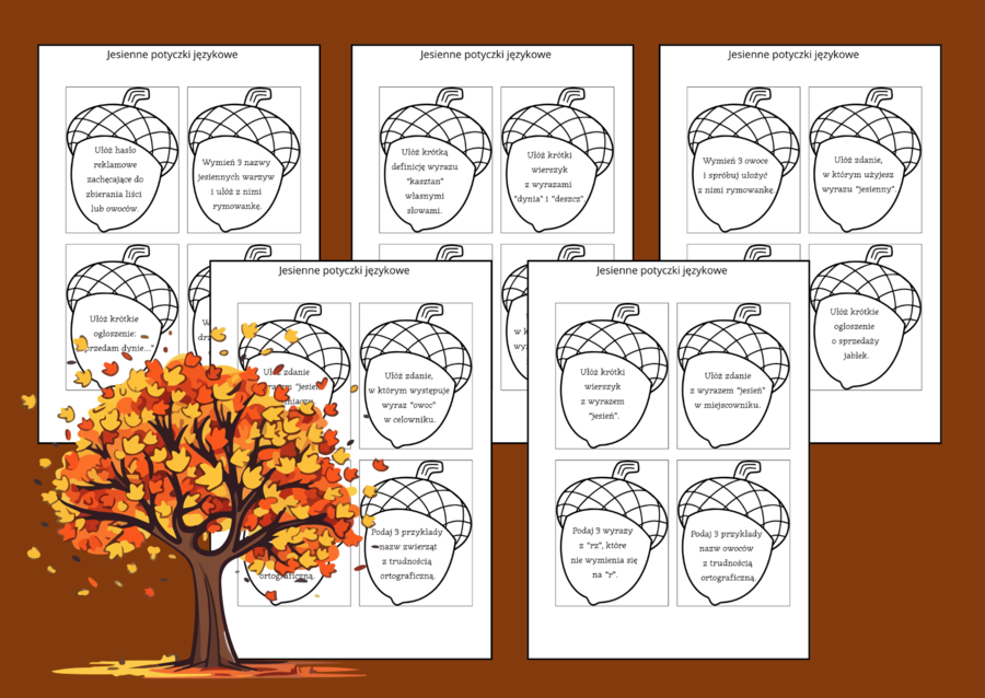 🍁Jesienne potyczki językowe 🍂 - ortografia - nauka o języku - jesień - fiszki - gra - 48 zadań