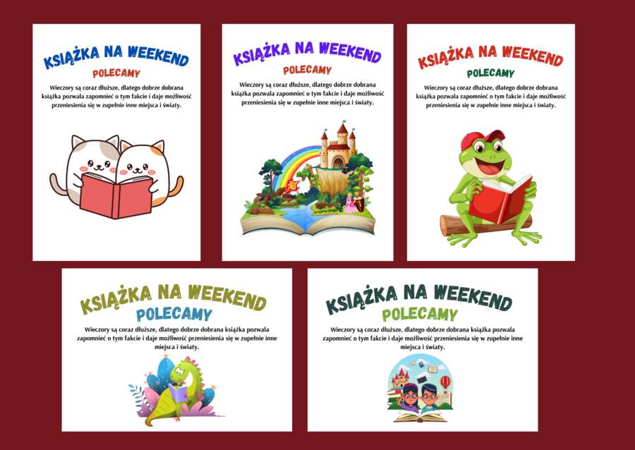 KSIĄŻKA NA WEEKEND – plakat – BIBLIOTEKA – gazetka – napis - 7 wersji