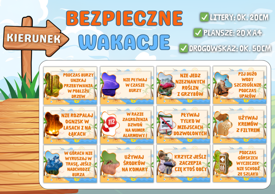 BEZPIECZNE WAKACJE - 20 PLANSZ, Gazetka szkolna