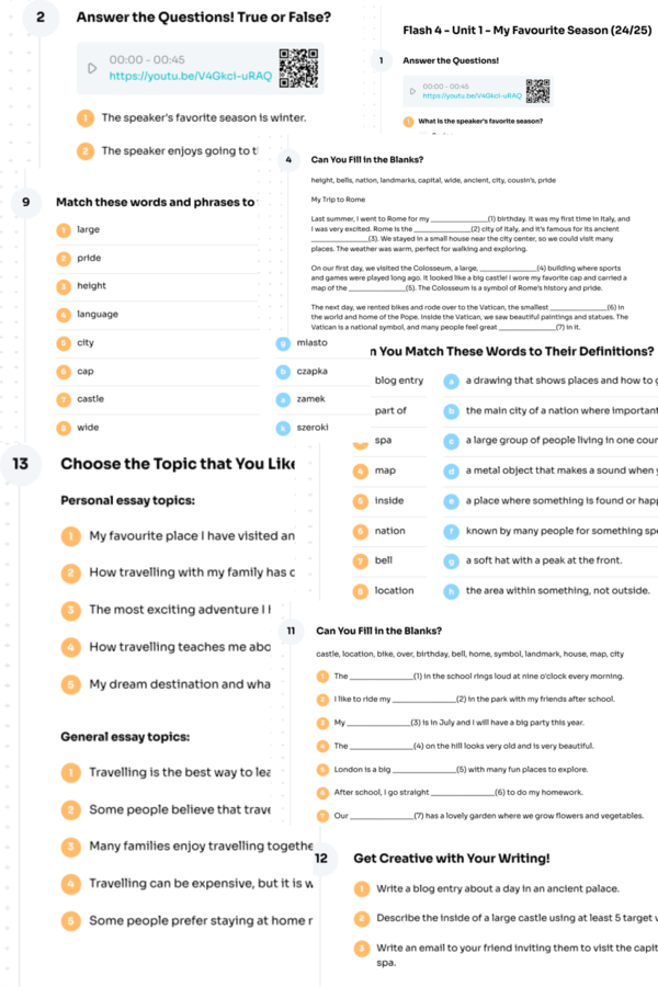 Flash 4 – Module 1 – karta pracy – My Favourite Season (24/25) – months, seasons, travel – Krzyżówka GRATIS