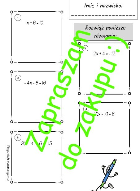 Równania pierwszego stopnia z jedną niewiadomą - karta pracy lub kartkówka z rozwiązaniami.