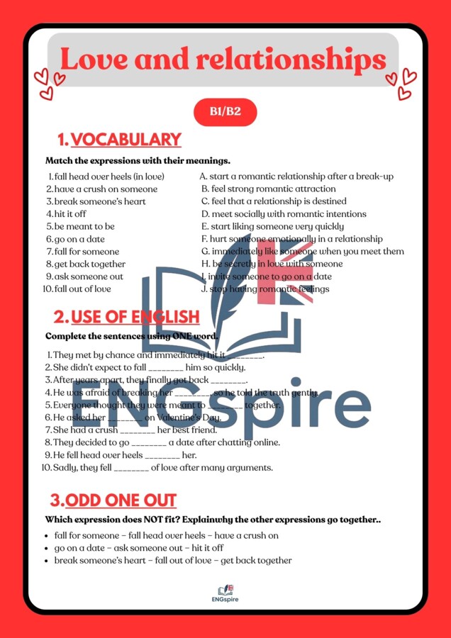 Love & Relationships. Kompletna walentynkowa lekcja B1/B2  wraz z role play (speed dating)