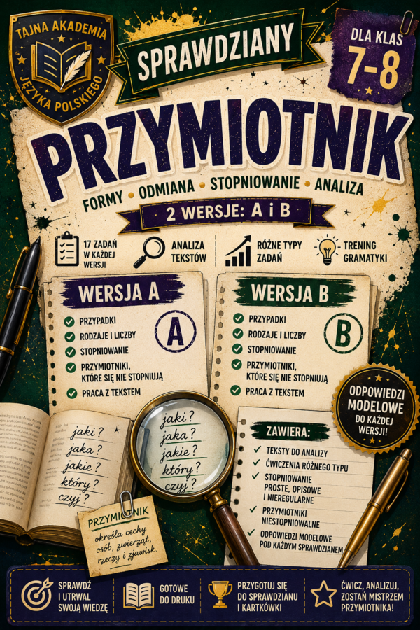 Przymiotnik – sprawdziany kl. 7–8 | wersja A i B + odpowiedzi modelowe
