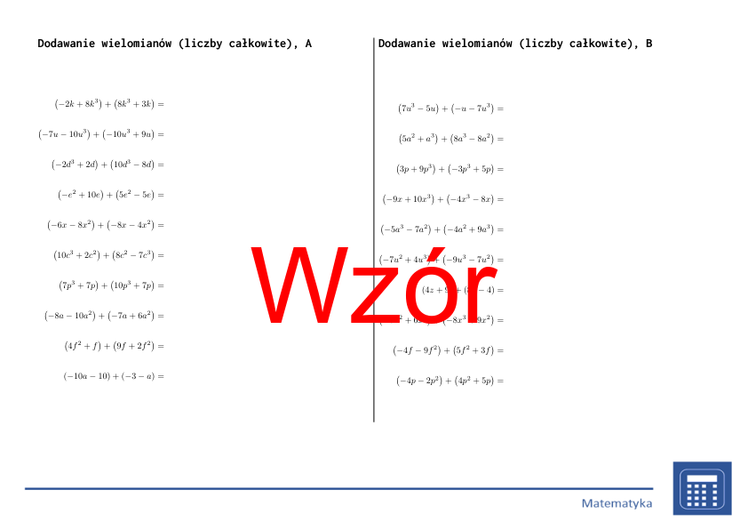 Dodawanie wielomianów (liczby całkowite) | matematyka, algebra | 26 kolumn