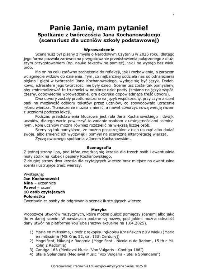Panie Janie, mam pytanie! Spotkanie z twórczością Jana Kochanowskiego (scenariusz dla uczniów SP) Narodowe Czytanie 2025