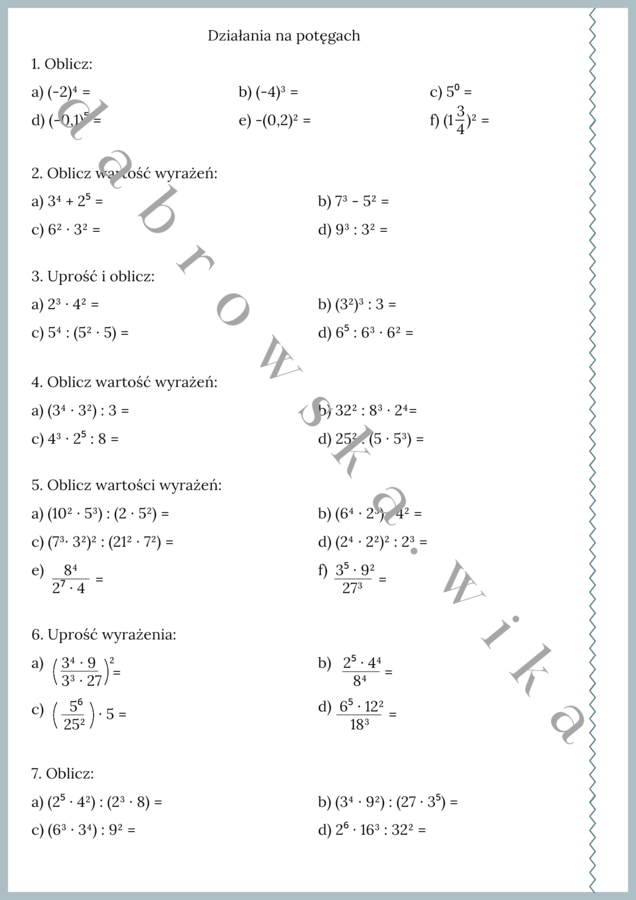 Działania na potęgach - zestaw zadań