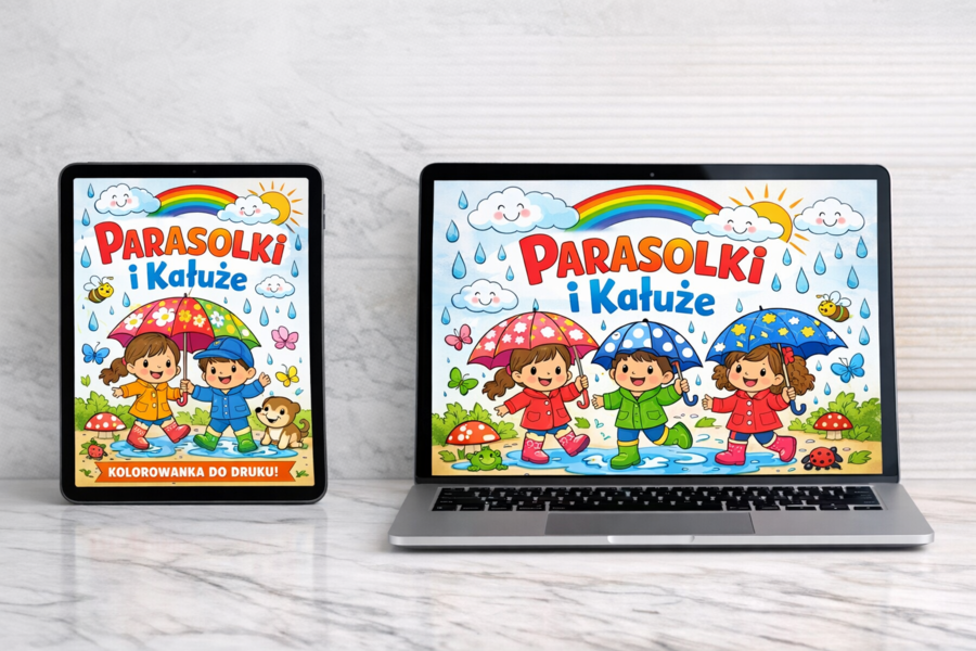 Kolorowanka: Parasolki i kałuże