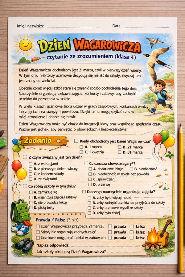 📚🎉 Dzień Wagarowicza – czytanie ze zrozumieniem (klasa 4) | karta pracy (15 zadań)