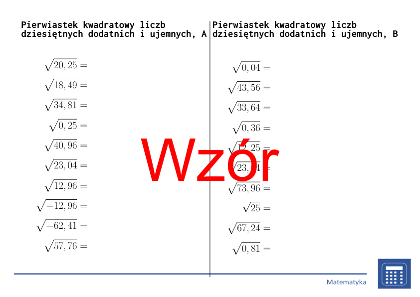 Pierwiastek kwadratowy liczb dziesiętnych dodatnich i ujemnych | matematyka | 26 kolumn