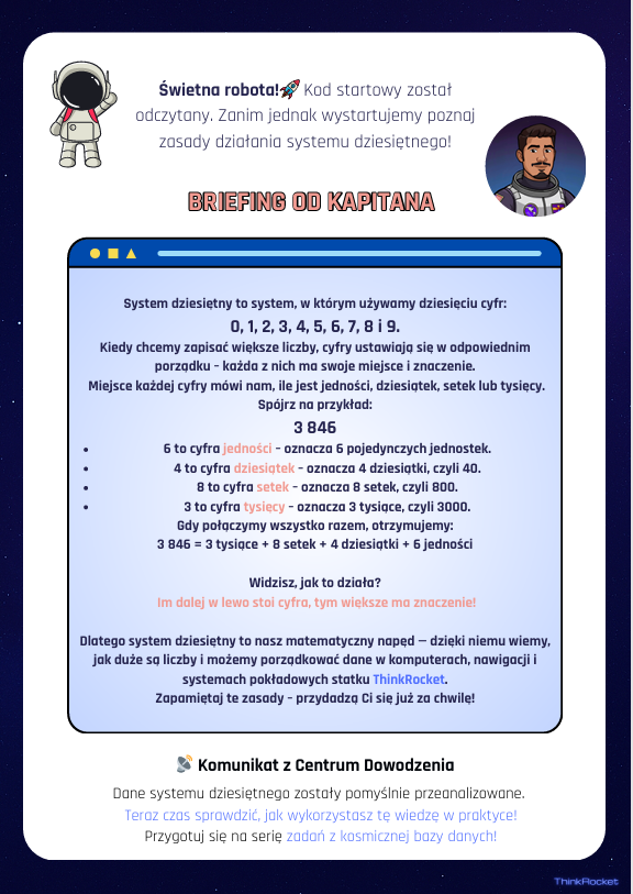 System dziesiętny w kosmicznej przygodzie (klasy 1–4) | Przetestuj styl ThinkRocket