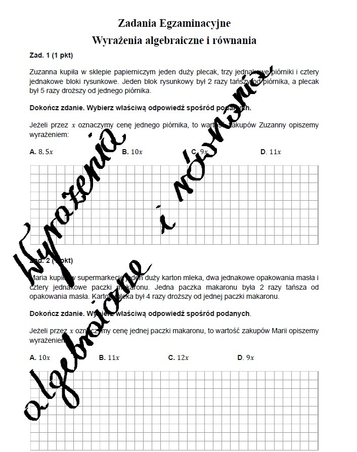 Zadania egzaminacyjne - Wyrażenia algebraiczne i równania