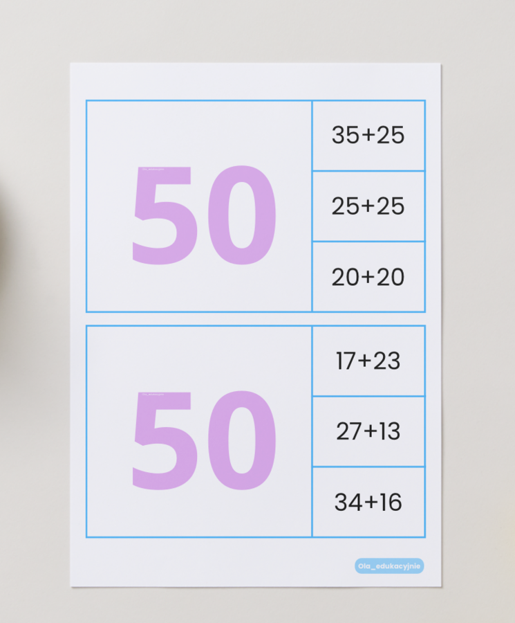 Obliczenia do 50 – dodawanie i odejmowanie (karty z klamerkami)
