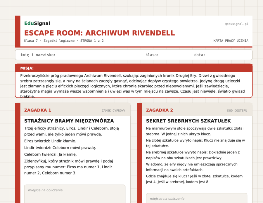 Escape room: Archiwum Rivendell — zagadki logiczne | Klasa 7 | Koniec roku