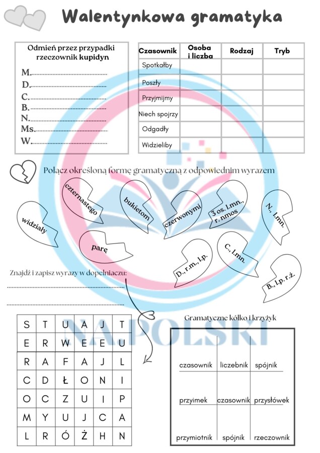 Walentynkowa gramatyka - karty pracy