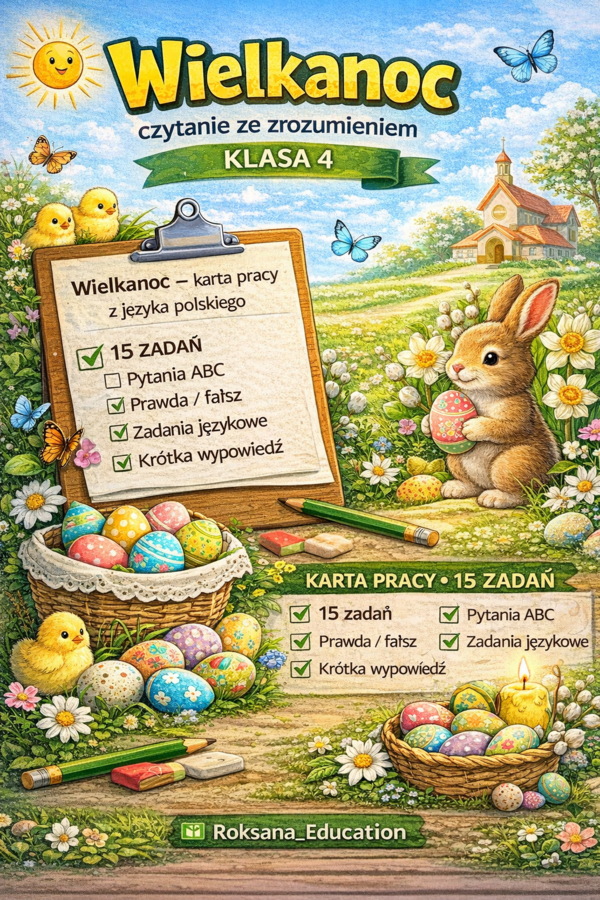 📚🐣 Wielkanoc – czytanie ze zrozumieniem (klasa 4) | karta pracy (15 zadań)