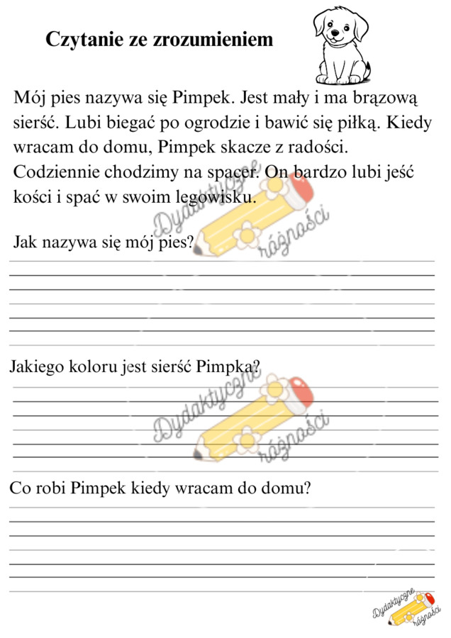 Czytanie ze zrozumieniem klasa 1 ( Szkoła, Owoc, Strażak, Wiosna, Wieś, Zoo, Pimpek, Koty). Proste teksty + pytania.