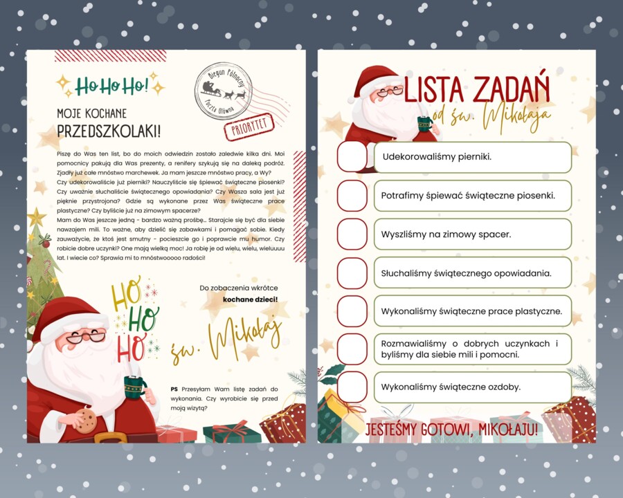 List od Świętego Mikołaja + Lista zadań dla Przedszkolaków