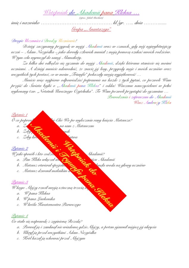 "Akademia i Tryumf pana Kleksa" - krótkie testy na rozpoczęcie omawiania