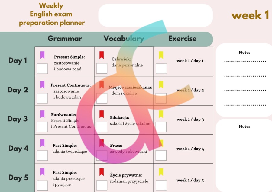 Angielski - Egzamin ósmoklasisty - Planer nauki na 8 tygodni z zestawem słownictwa i ćwiczeniami