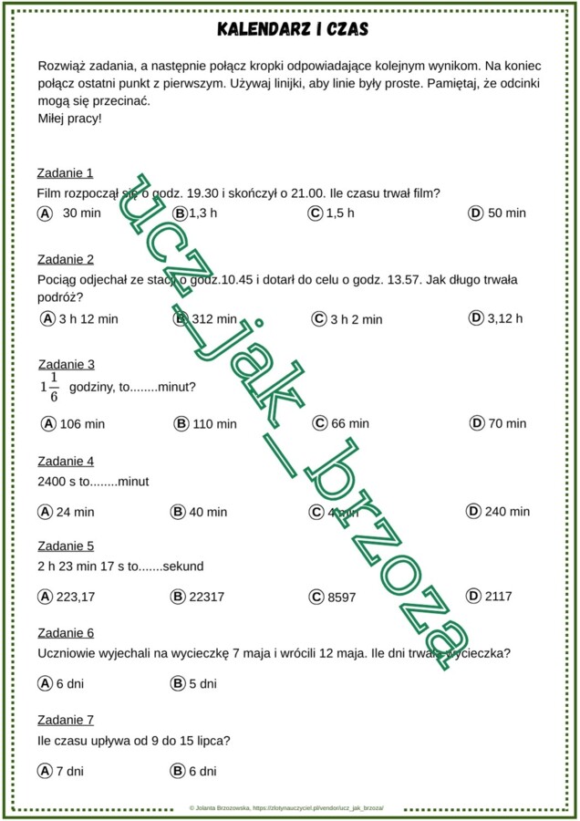 Karta pracy, połącz kropki, obliczenia zegarowe i kalendarzowe, klasa 6, kalendarz i czas